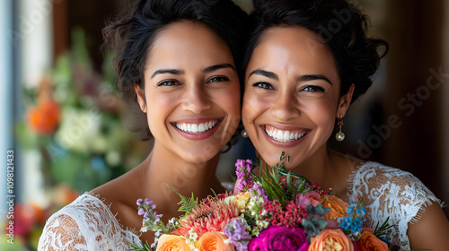 Multicultural LGBTQ wedding concept. Two joyful women in elegant dresses smile brightly while holding a bouquet of colorful flowers, celebrating a special occasion together. photo