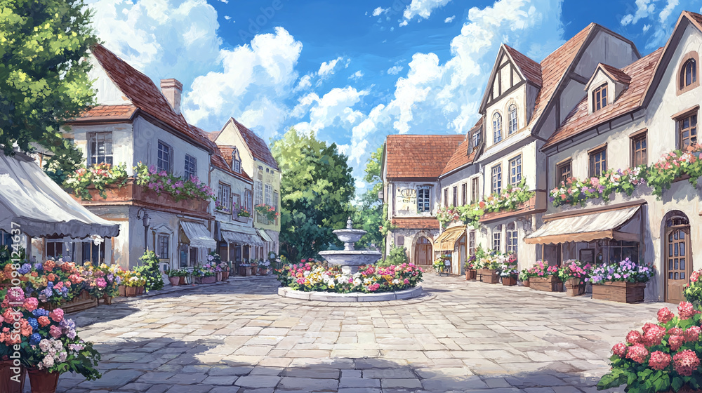 Fototapeta premium Charming European Town Square with Fountain