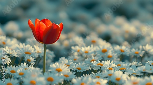 One vivid scarlet tulip flourishing amid a wide plain of snow-white daisies, symbolizing individuality and boldness in simplicity photo