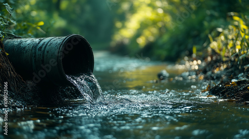 Wallpaper Mural Gentle stream flowing from a rusty pipe into a lush green forest in the soft morning light, creating a serene atmosphere of nature's tranquility Torontodigital.ca