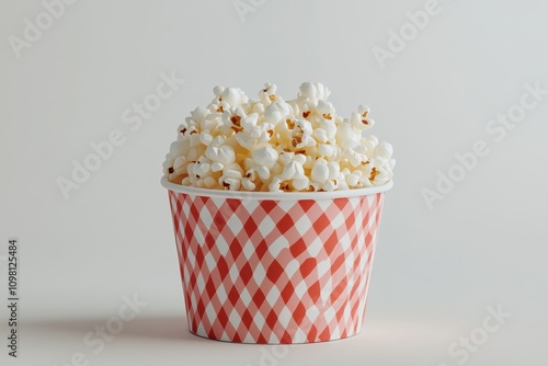 food photography, a shiny bucket of popcorn on a white background, ideal for movie snacking photo