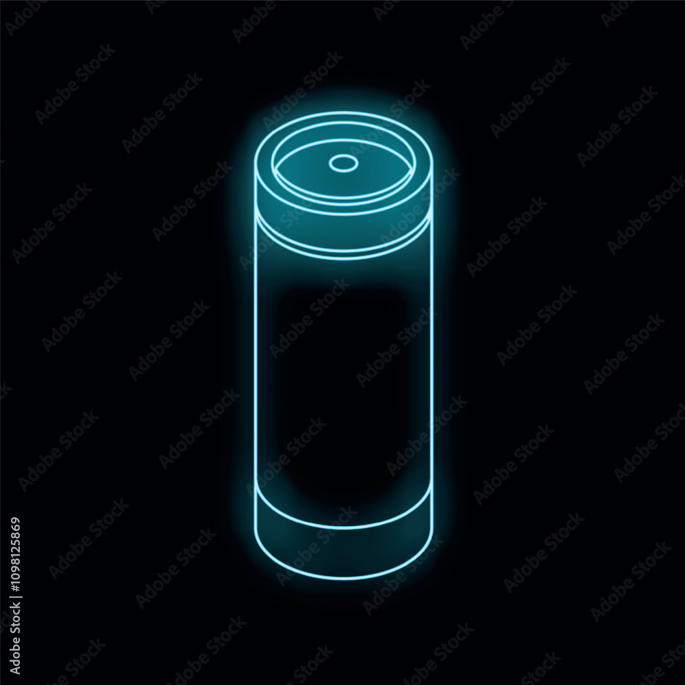 Fototapeta premium Blue glowing neon icon of reusable water bottle on black background