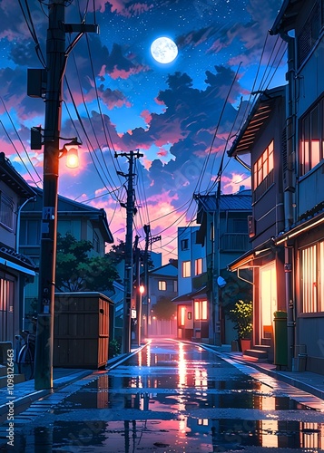 Japanese town at night. Generative By Ai
