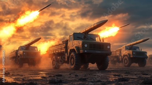 Military convoy unleashing missile launchers into the sky, explosive display of power and intensity, embodying themes of strength and warfare in a dynamic setting photo