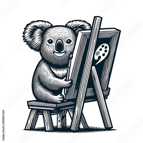 Cute koala bear sitting on a small stool, holding paintbrush and painting on an easel. photo