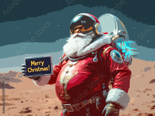 Christmas poster of Santa Claus on Mars wishing everyone a Merry Christmas. High quality illustration