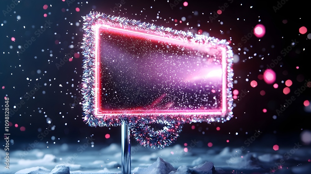 Obraz premium Glittering billboard wrapped in tinsel and Christmas wreaths, snowy fireworks in the background, Santa Claus passing by, perfect for New Year's promotions