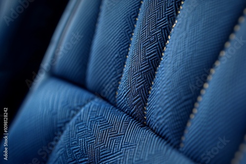 A close-up view of an airplane seat with intricate stitching and a seatbelt, showcasing the texture and color of the fabric.  photo