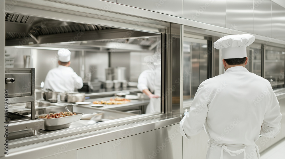 Obraz premium Chef Entering Busy Restaurant Kitchen with Industrial Style
