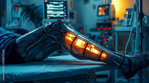 Side view of a leg immobilized in a fiberglass cast on an examination table, with hospital lighting and medical supplies softly visible in the background photo