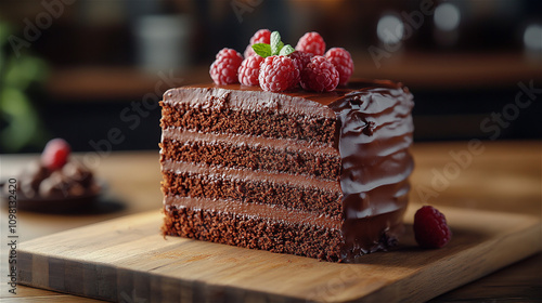 Close up a piece of delicious rish of dark chocolate layer cake decoration with fresh raspberry on a wooden tray and table in the morning light. Generative AI. photo