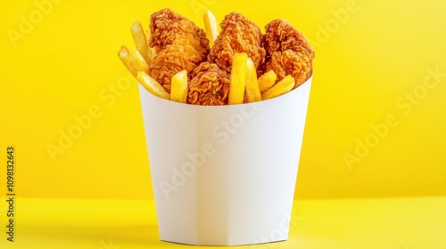Crispy Golden Fried Chicken and Fries in Takeout Container on Yellow Background