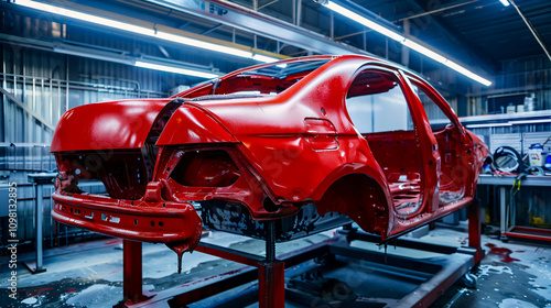 Various car parts arranged on stands for painting in a garage, where the car body is being repaired after an accident, with sanding and priming in progress. photo