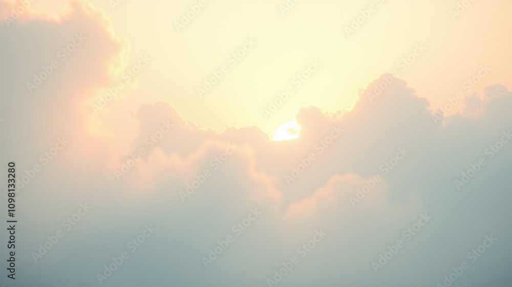 Fototapeta premium A soft golden sun peeking through a veil of ethereal clouds, creating a serene and dreamy sky.