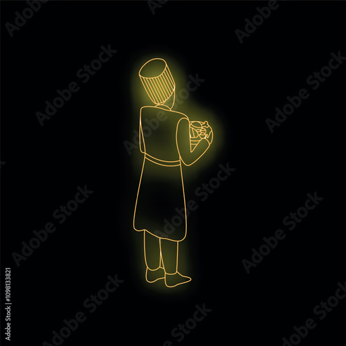 Ottoman soldier holding traditional turkish coffee pot neon sign vector illustration