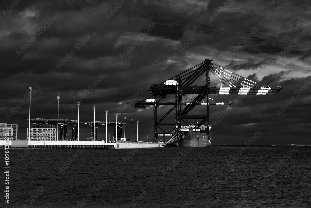 Rozładunek suwnic ze statku Zhen Hua 36 przy nabrzeżu terminalu kontenerowego w Gdańsku, Polska.
