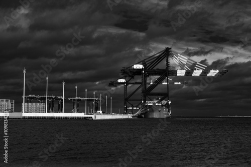 Obraz na płótnie Rozładunek suwnic ze statku Zhen Hua 36 przy nabrzeżu terminalu kontenerowego w Gdańsku, Polska. w salonie
