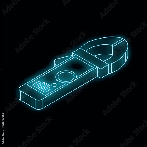 Digital clamp meter glowing blue lines on black background representing electrical work and measurements