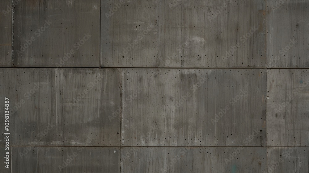 Fototapeta premium Grey concrete wall with rectangular panels, showing texture and subtle variations in tone.