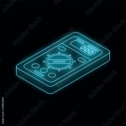 Blue glowing neon line digital multimeter icon isolated on black background