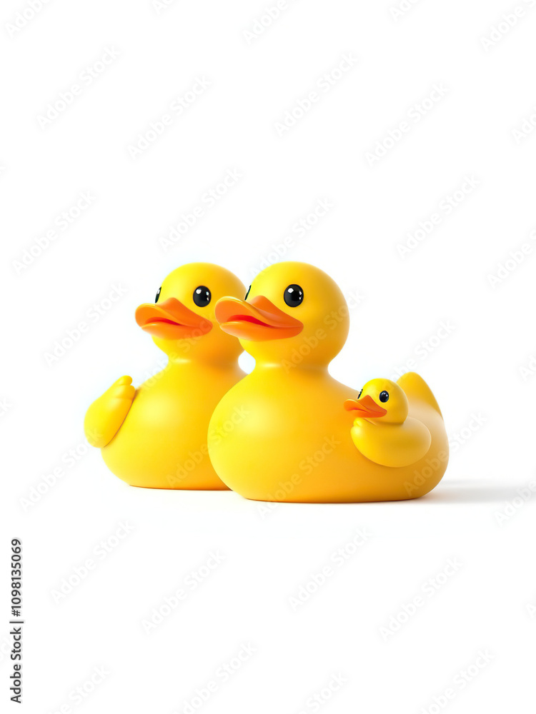 Fototapeta premium Simplified image of two rubber ducks, one large and one small, against white background, happiness, side by side, duo, small things, floating toys