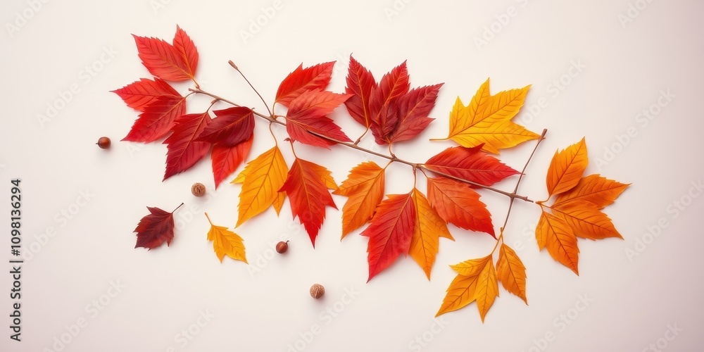 Fototapeta premium Autumnal Branch with Vibrant Hues of Crimson, Scarlet, and Golden Leaves Against a Pure White Background