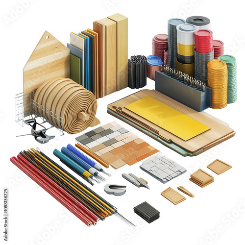 Assorted construction materials including wood, tiles, and tools for home improvement and DIY projects photo