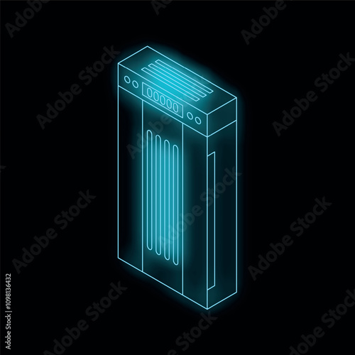 Neon elevator icon glowing on a black background, perfect for technology or real estate concepts