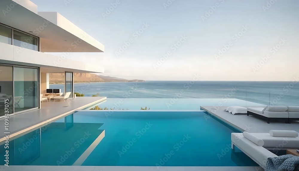 Fototapeta premium Luxury Beachfront Villa With Infinity Pool and Stunning Ocean View. Generator AI