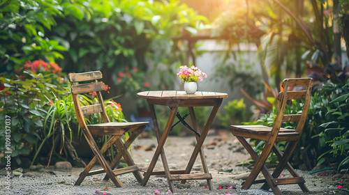 A vintage wood table and chairs decorated with flowers in a garden, creating a charming outdoor setting.