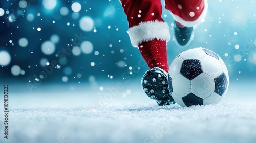 Soccer Player in Santa Costume Kicking Snowy Ball