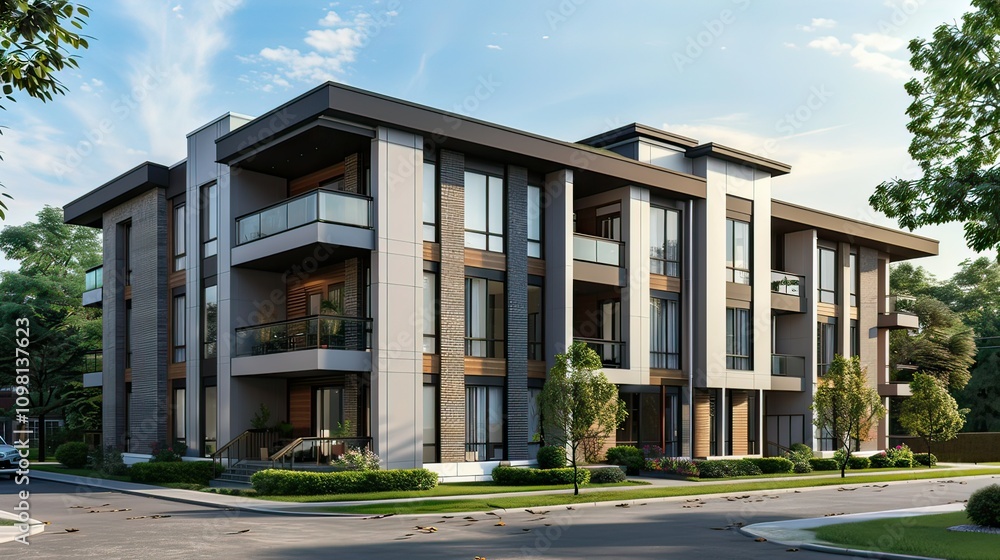 Fototapeta premium A modern small apartment building in a quiet neighborhood.