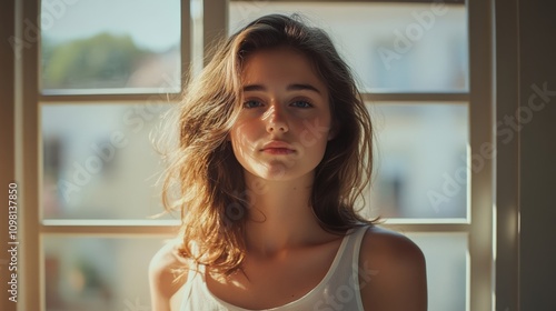 A beautiful young woman stands by a window, natural light softly illuminating her thoughtful expression and tousled hair. Free Download A beautiful young woman stands by a window, natural light softly illuminating her thoughtful expression and tousled hair. - GFXLoad
