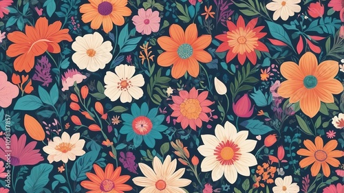 Set of vibrant flower seamless patterns in flat design, perfect for isolated backgrounds and creative projects.  
