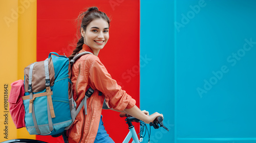 Young caucasian female with backpack riding bicycle in front of colorful wall photo