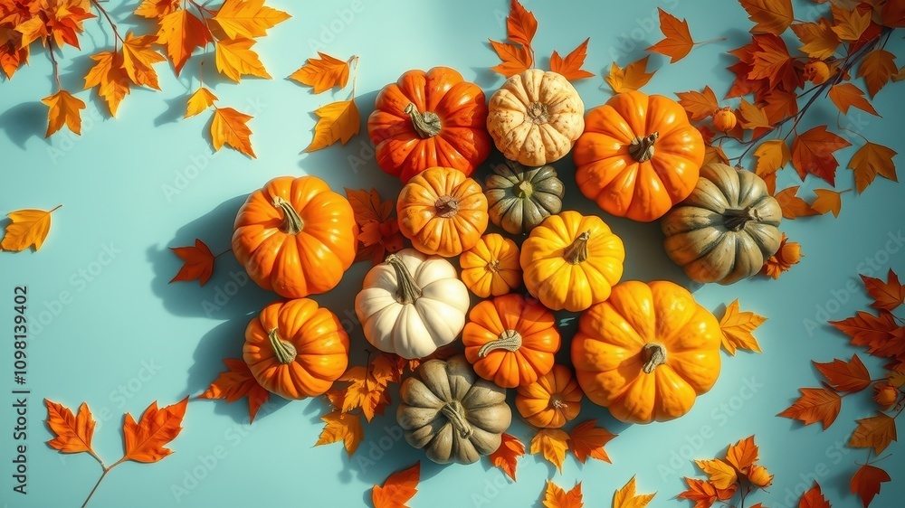 Fototapeta premium A cluster of colorful pumpkins arranged in a circular pattern on a turquoise background surrounded by scattered autumn leaves.