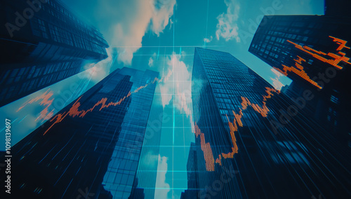 A stock market chart going up, with skyscrapers in the background, a blue color theme, and the sky and clouds in the background, photo