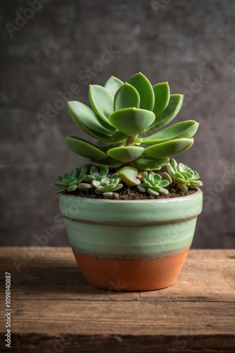 Cotyledon pendens ,Cliff Cotyledon Green Succulent Plant Pot On Wood Table Top Background photo