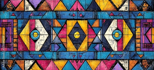 Vibrant Ndebele Inspired Tribal Pattern with Geometric Shapes and Bold Colors photo