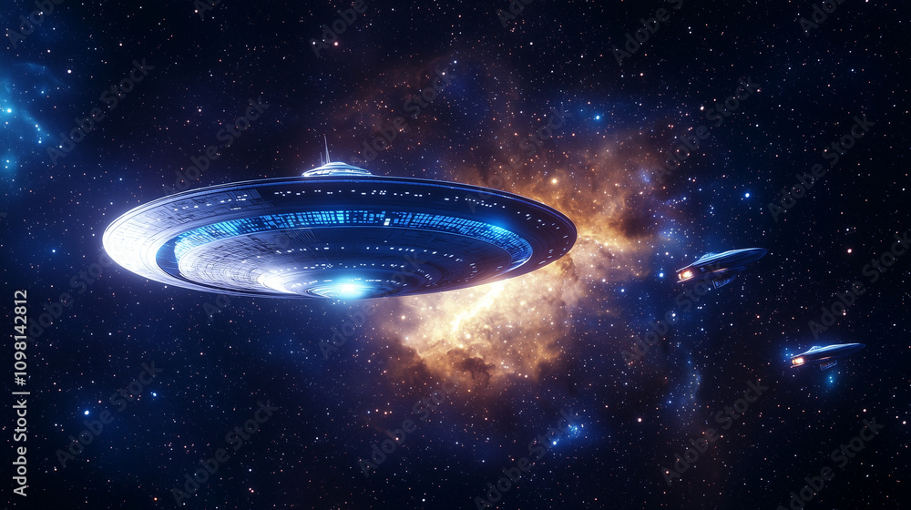 Obraz premium Futuristic Starship in Cosmic Space with Distant Stars and Nebulae