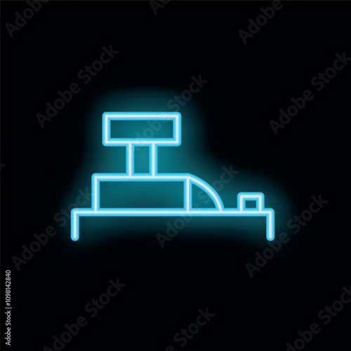 Blue neon cash register glowing against a dark background, representing concepts like retail, commerce, and point of sale transactions