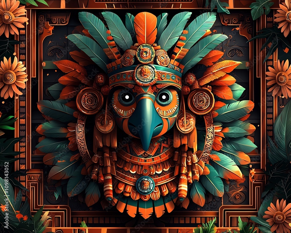 Fototapeta premium Intricate Mayan Inspired Tribal Pattern with Earthy Tones and Symbolic Glyphs