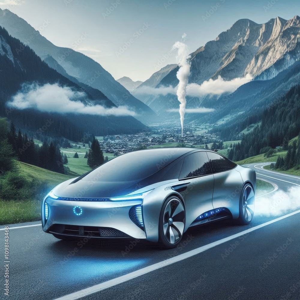 Naklejka premium Futuristic electric vehicle cruising through a picturesque valley surrounded by mountains at dawn