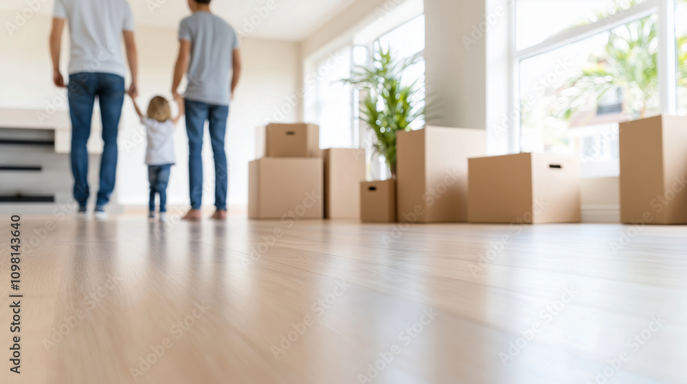Fototapeta premium Family Exploring New Home for the First Time in Bright Living Room