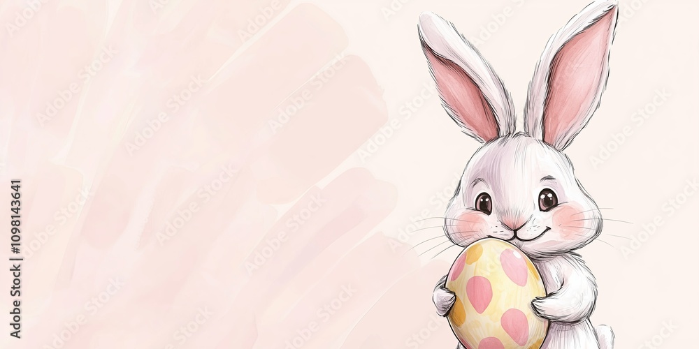 Obraz premium Adorable easter bunny with egg illustration on pastel background