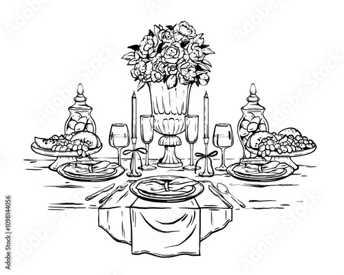 Wedding served table vector illustration romantic elegant date lunch flower vase, wineglass, candle. Celebration restaurant banquet, order anniversary event tablecloth. Wedding table invitation design