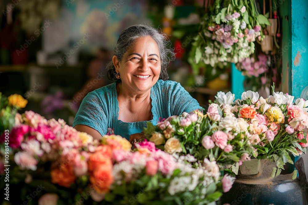 Fototapeta premium A cheerful florist surrounded by vibrant, colorful flowers in a bustling flower shop.