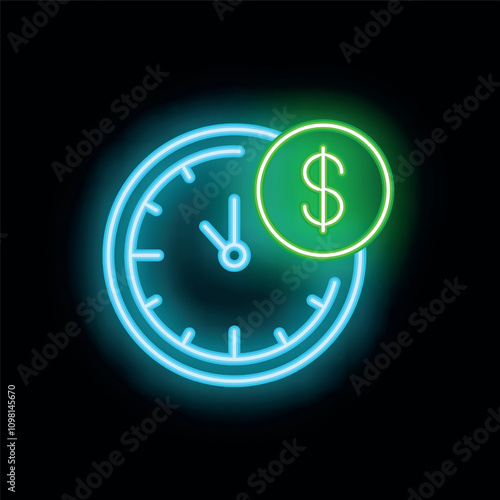 Neon glowing icon of a clock with a dollar sign representing the concept of time is money