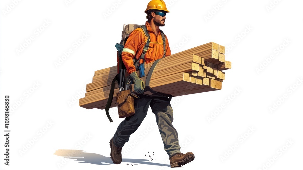 Obraz premium Construction Worker Carrying Lumber Illustration