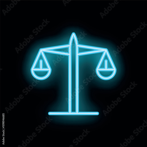 Neon blue scales of justice are glowing on black background, representing concept of law, justice, legal system and fair judgment